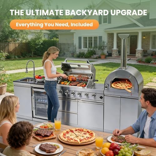 112" Outdoor Kitchen Island,Stainless Steel Propane BBQ Grill with Standalone Side Burner Pizza Oven, Rotisserie, Refrigerator, Granite Countertop, Storage Cabinets & Drawers 108000 BTU. - Image 4
