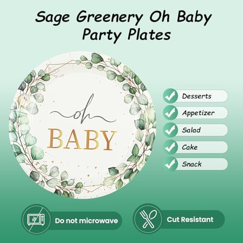 50 PCS Eucalyptus Baby Shower Paper Plates, 7Inch Greenery Oh Baby Dessert Plate Party Supplies Disposable Tableware Sets for Boys or Girls Gender Reveal Shower Party Decorations Favors - Image 4