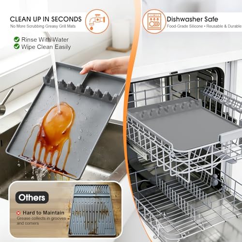 Silicone Grill Mats Compatible with Blackstone, Spatula Tools Mat with Drip Pad, Griddle Mats BBQ Grill Accessories, Side Shelf Pad for Kitchen Counter Outdoor Grill, Easy-to-Clean, Grey - Image 5