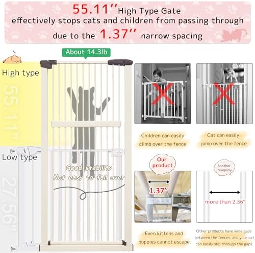 Lumizone 55.12" Extra Tall Pet Gate for Cat Dog 63.39"-67.90" Wide Cream - Image 4