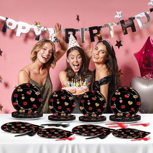 96 PCS Cheetah Cherry Party Paper Plates and Napkins Cherry Leopard Print Party Decoration Red and Black Wedding Dinnerware for Boys Girls Bachelorette Gatherings Decorations - Image 6