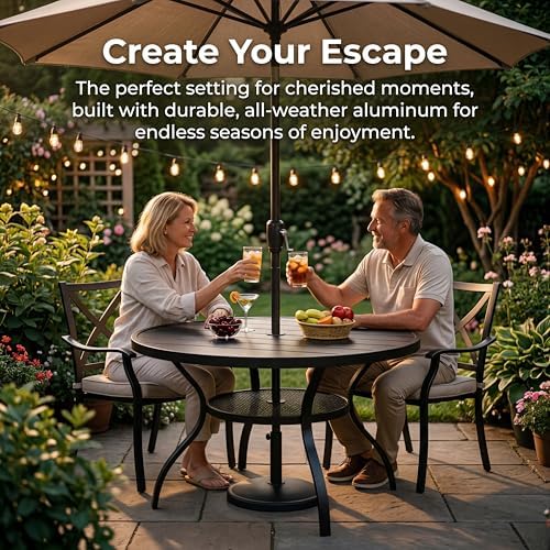 SUNCROWN 42 Inch Round Outdoor Patio Dining Table, All Weather Black Metal Steel Slat Table with 1.5" Umbrella Hole, Weather Resistant Outside Furniture for Lawn Garden Backyard Porch - Image 5