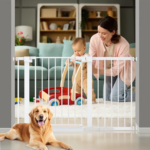 29-51 inches Extra Wide Metal Baby Gate for Stairs/Doorways, 30 inches Tall Pressure Mounted Pet Gates, Auto-Close Child Safety Gate, No Drilling Easy Walk-Through Dog Gate Indoor, White - Image 2