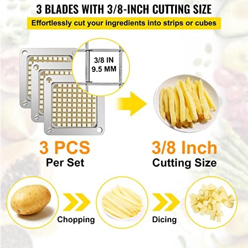 VEVOR Replacement Chopper Blade, 3/8 inch, 3 PCS French Fry Blade Assembly with 6 Extra Knives, Stainless Steel Dicer Parts and Push Block for Cutting Potatoes Carrots Onions Cucumbers Mushrooms - Image 3