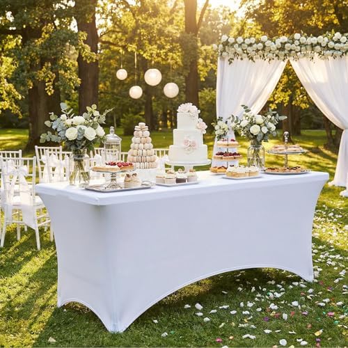 Smiry 2 Pack Spandex Table Cloth 6FT, Elastic Fitted White Tablecloth - Image 2