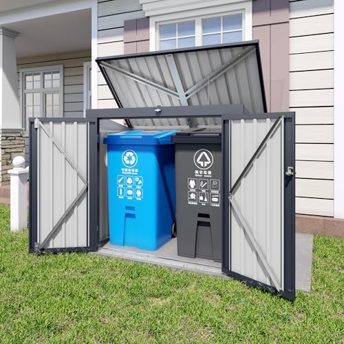 Outdoor Storage Shed with Dual Doors & Removable Top Lid, Metal Garden Tool Shed, Weather Resistant Waterproof Trash Can Bike Storage Organizer with Ventilation Sloped Roof Yard Utility Box by GDFStudio