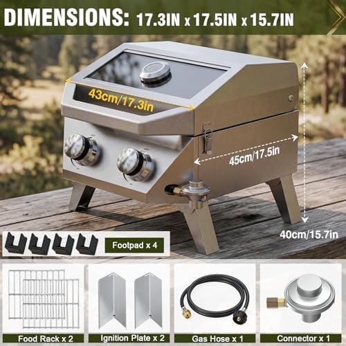 BESTFIRE 2-in-1 Portable Propane Grill, 20,000 BTU 2-Burner Tabletop Gas Grill for Camping & RV, Stainless Steel BBQ with Viewing Glass Lid, Thermometer & Dual-Gas Connection - Image 3
