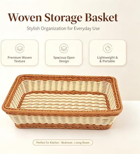 Wicker Bread Basket for Party Food, Rectangle Woven Fruit Basket, Gift Baskets Empty, Sturdy Durable Stackable Storage Baskets for Kitchen, Store, Restaurant, Party (Bicolor, M) - Image 7