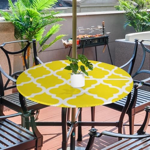 Fitted Round Tablecloth with Umbrella Hole and Zipper Yellow Moroccan Outdoor Elastic Table Cloth 36"-44" Oil-Proof Waterproof Morocco Geometric Patio Table Cover for Dining Picnic Party - Image 2