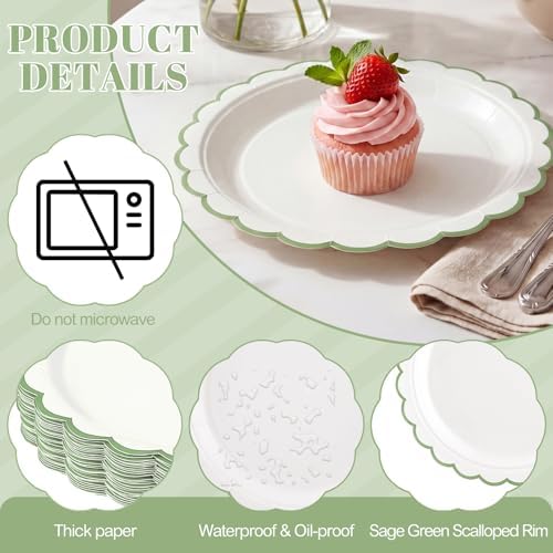 NatNarr 30 Pk Sage Green Plates 7" Scalloped Green White Dessert Cake Plate - Image 3