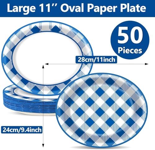 Qyeahkj 50 PCS Blue and White Checkered Oval Paper Plates Large 11” Disposable Picnic Dinner Party Decorations BBQ Supplies Favor for Holiday Baby Shower Birthday Party Tableware Set - Image 3