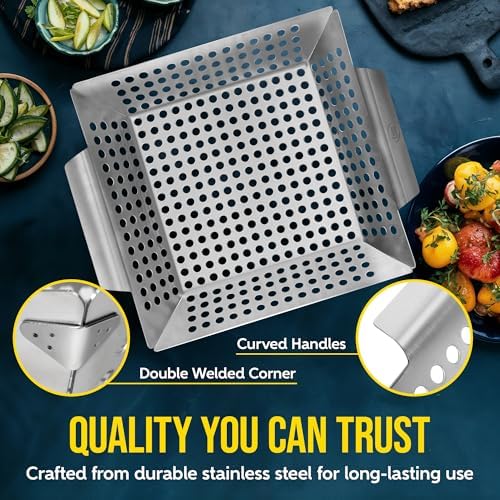 Kaluns Heavy Duty Stainless Steel Vegetable Grill Basket, Rectangular, Silver, Dishwasher Safe Grills and Vegetables - Image 6