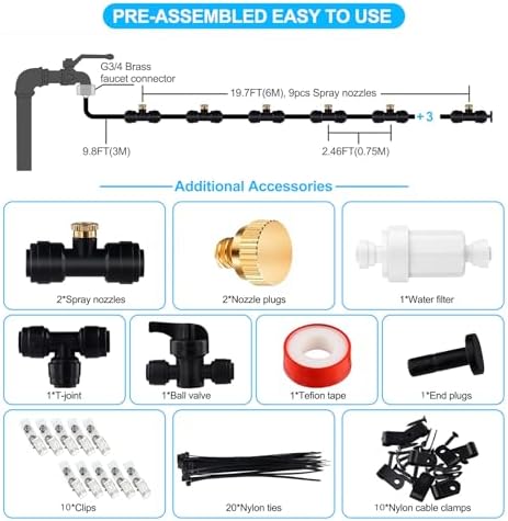 Misters for Outside Patio 30ft - LOHASV9 Misting System with Water Filter Pre-Assembled 30 FT 9M Misting Line Brass Mist Nozzles Adapter(3/4") Outdoor Misters for Patio Cooling Garden Greenhouse - Image 4