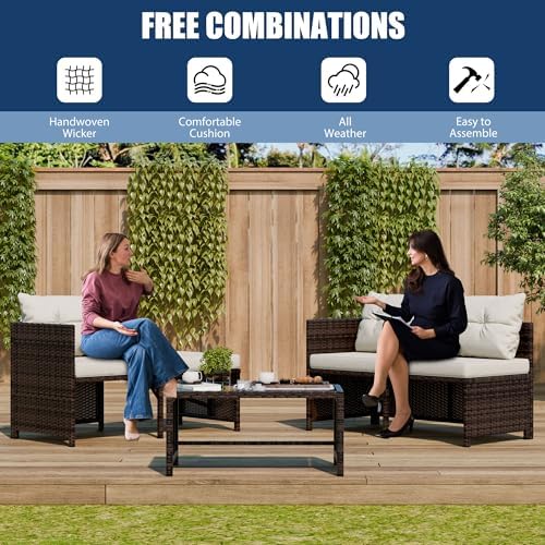 Vongrasig 3 Piece Patio Furniture Sets, All-Weather PE Wicker Outdoor Sofa Couch Sectional Set, Small Conversation Set for Garden/Patio w/Cushion, Glass Table, (Beige) - Image 6