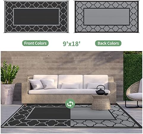GENIMO Outdoor Rug, Waterproof Plastic Rugs 9'x18' for Camping Black Gray - Image 4
