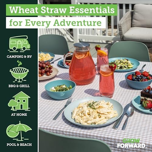 Grow Forward 24-piece Premium Wheat Straw Dinnerware Sets for 8 - Unbreakable Dishwasher & Microwave Safe Plastic Plates and Bowls Sets - Patio, Outdoors, RV, Camping Dishes - Seascape - Image 2