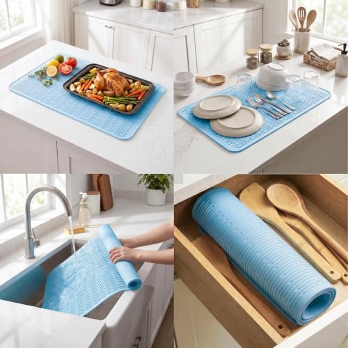 MicoYang Silicone Dish Drying Mat for Multiple Usage,Easy clean,Eco-friendly,Heat-resistant Silicone Mat for Kitchen Counter or Sink,Refrigerator or Drawer Liner Light Blue 4XL 32 inches x 18 inches - Image 4