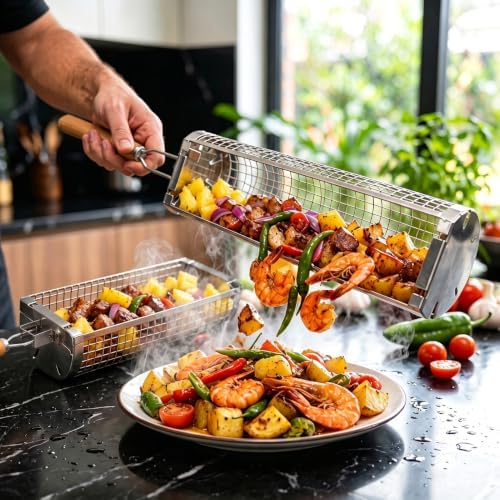 Rolling Grill Basket Set of 2, 304 Stainless Steel BBQ Grilling Baskets - Image 5