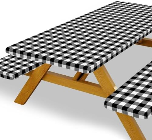 Picnic Table Cover with Bench Covers, Black and White Checkered Waterproof and Windproof, Fitted Tablecloth Cover with Elastic Edge, for Outdoor, Garden, Camping, 3 Pieces Set, 30x96 Inch - Image 2