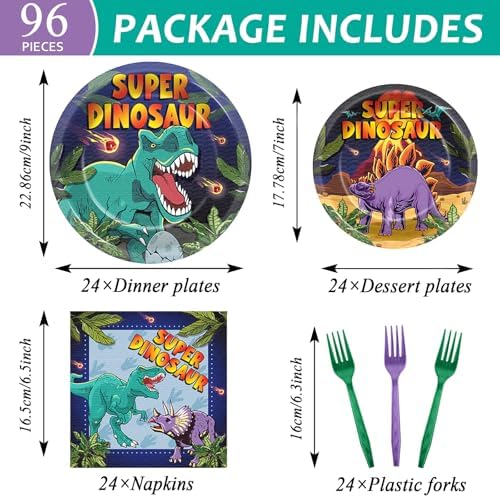 96 Pcs Super Dinosaur Plates and Napkins for Dinosaur Birthday Party Supplies Dino Movie Theme Paper Dessert Plates and Napkins Jungle Dino Tableware Set for Kids Boys 24 Guests Party Decorations - Image 2