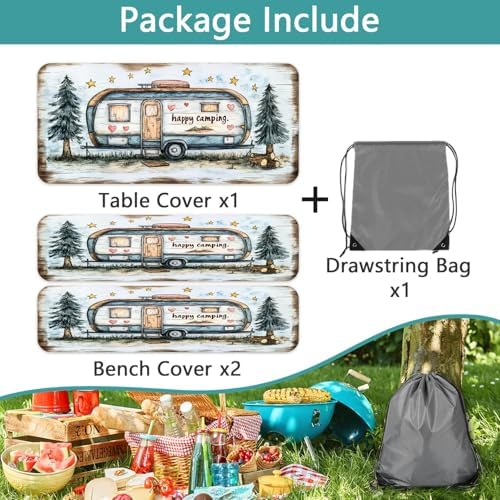 Picnic Table Cover with Bench Covers and Bag, Camping Essentials, Camper Forest Wooden Grain Outdoor Table Covers, Waterproof Windproof, Fitted Tablecloth Cover with Elastic Edge, 3 PCS, 30x96 Inch - Image 7