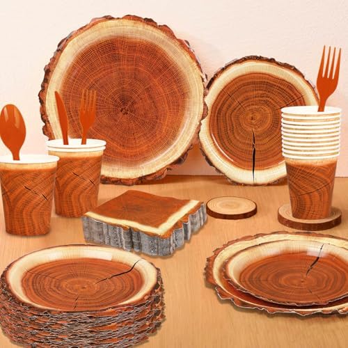 200 Pieces Camping Wood Grain Slice Party Supplies Set Paper Plate Cup Napkin for Camping Woodland Baby Shower Lumberjack Birthday Featuring a Round Wooden Slice Die Cut Edge Design Serve 25 - Image 6