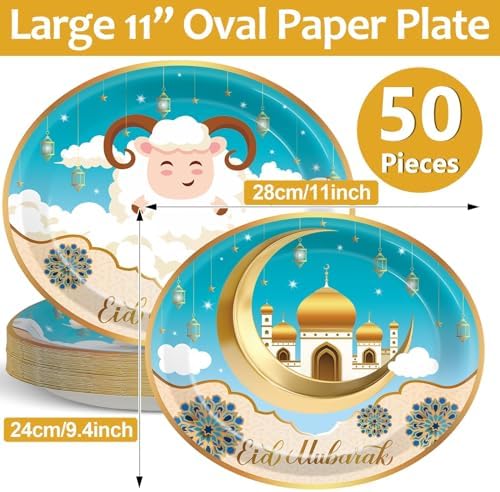 Qyeahkj 50 PCS Eid Al Adha Oval Paper Plates Large 11” Disposable Eid Mubarak Party Decorations Islamic Muslim Supplies Favor for Sheep Ramadan Muslim Eid Al Fitr Party Tableware Set - Image 2