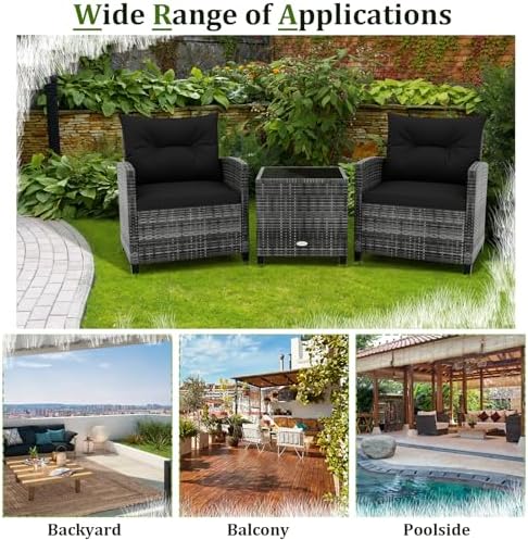 RELAX4LIFE 3 Piece Patio Furniture Set, Wicker Bistro Conversation Set w/2 Cushioned Armchairs & Glass Topped Table, Outdoor Rattan Sofa Set Patio Furniture for Porch Balcony Poolside (Grey-Black) - Image 7