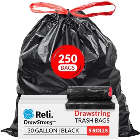 Reli. 30 Gallon Trash Bags Drawstring | 250 Count Bulk | Black | 30 Gallon Garbage Bags Heavy Duty | Large by Reli
