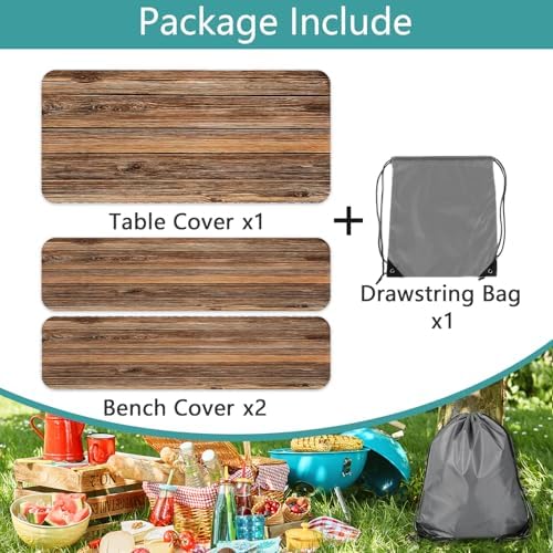 Farmhouse Picnic Table Cover with Bench Covers Camping Essentials Brown Wood Grain Waterproof Windproof Camping Tablecloth Fitted Tablecloth Cover with Elastic Edge for Indoor Outdoor 3 PCS 30x72 Inch - Image 7