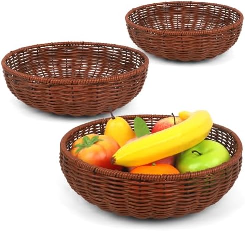 Imitation Wicker Bread Basket, 3 Pack Woven Rattan Basket Round Woven Baskets Woven Breads Baskets For Serving Vegetables, Kitchen, Restaurant, Outdoor, 3 Sizes (Brown) by Unknown