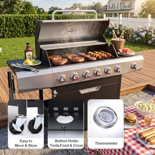 Endark 6-Burner Propane Gas Grill with Side Burner – 68,500 BTU Stainless Steel Outdoor BBQ, Cast Iron Coated Grates, Rolling Wheels & Cover for Patio, Backyard, Garden - Image 4
