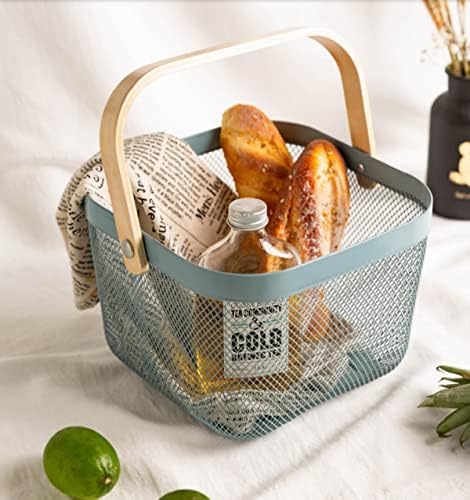 Mesh Steel Storage Organizer Basket Fruit Basket Bin with Wood Handle Ideal for Kitchen Bathroom Picnic Baskets Pantry Cabinets Storage Home Decor (Light Blue) - Image 2