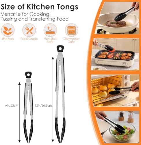 HOTEC Stainless Steel Kitchen Tongs with Silicone Tips, Set of 2-9" and 12" - Image 2