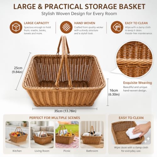 2‑Pack Small Poly Wicker Baskets, Handwoven PVC Picnic Storage with Handles - Image 2
