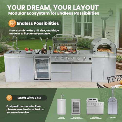 125" Outdoor Kitchen Island,Stainless Steel Propane BBQ Grill with with Standalone Side Burner Pizza Oven, Rotisserie, Refrigerator, Granite Countertop, Storage Cabinets Drawers 108000 BTU. - Image 6