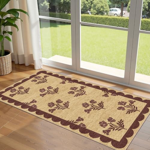 Front Door Mat Indoor Entrance - 2x4.3 Ft Burgundy Floral Washable Layered Doormat Outdoor Entrance Porch Rug Non-Slip Neutral Country Jute-Look Runner Rug for Mudroom Laundry Room Porch Decor by Othilic