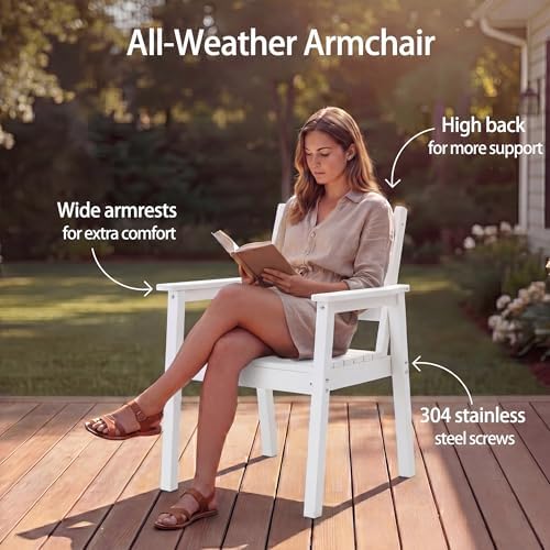 5-Piece Outdoor Dining Set, All-Weather HDPE Patio Furniture, 66.5" Slatted Table with 1.6" Umbrella Hole & 4 Ergonomic Armchairs, Heavy Duty 350lbs Capacity, UV Resistant, White - Image 6
