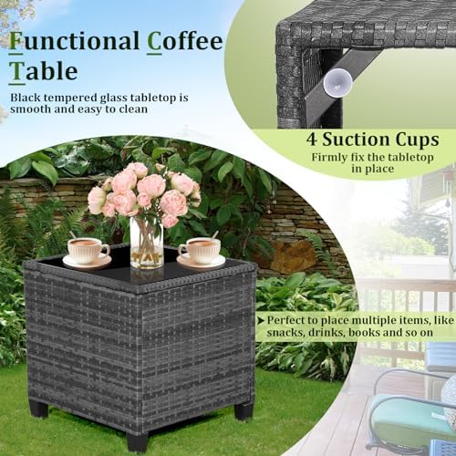 RELAX4LIFE Wicker Patio Furniture Sets - 3 Pieces Rattan Sofa Set, Outdoor Conversation Set with Tempered Glass Tabletop, Heavy-Duty Steel Frame, Wicker Chair Set for Poolside, Backyard (Grey-Red) - Image 5