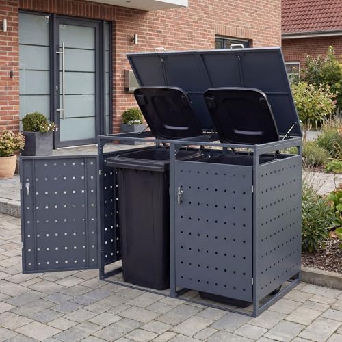 Goplus 44 Cu.Ft Outdoor Trash Can Storage, Garbage Can Hider Outdoor with 2 Lockable Doors Gas Struts & Shock Absorbers, Outdoor Storage for Patio, Backyards, Yard & Garden (52"x31.5"x46") - Image 2