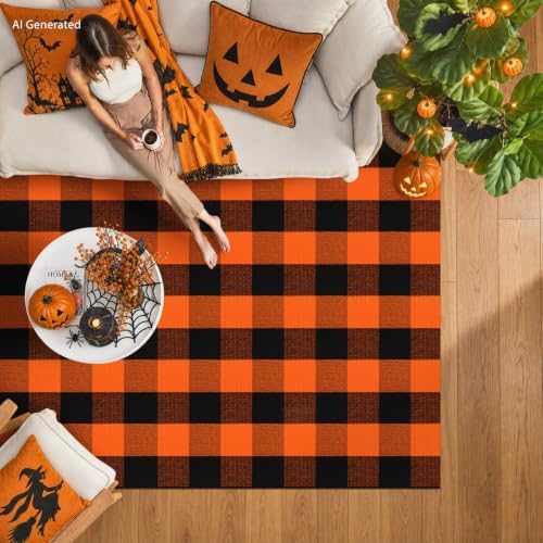 IOHOUZE Fall Buffalo Plaid Outdoor Rug 4x6, Washable, Black Orange - Image 3