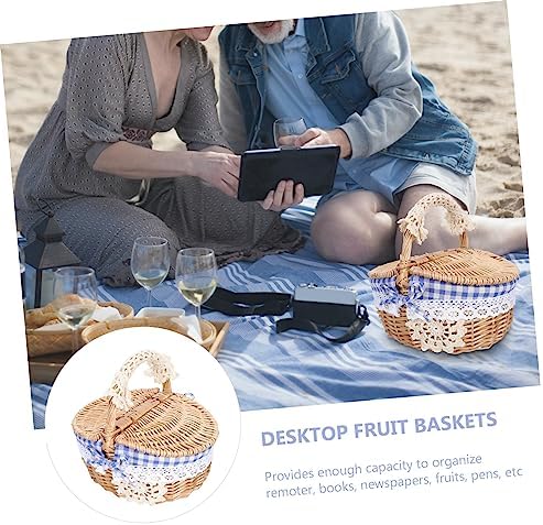 Blue Rattan Picnic Basket with Lid, Woven Storage Hamper for Outdoor - Image 5