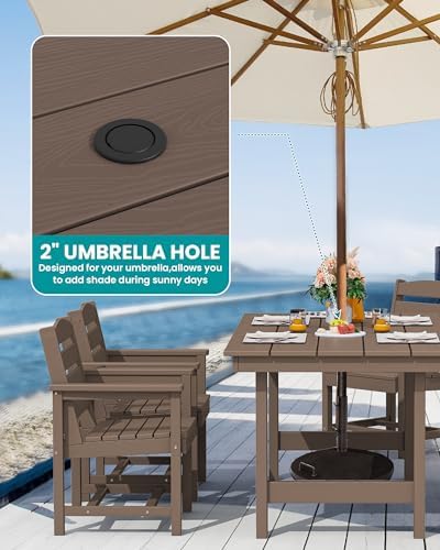 SERWALL 7 Pcs Outdoor Dining Set, 67" HDPE Dining Set for 6, Coffee - Image 2