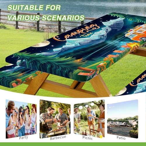 Picnic Table Cover with Bench Covers and Bag, Forest Mountain Lake Fitted Outdoor Table Covers, Camping Essentials, Windproof & Waterproof Tablecloth Cover with Elastic Edge, 3 PCS, 30x60 Inch - Image 3