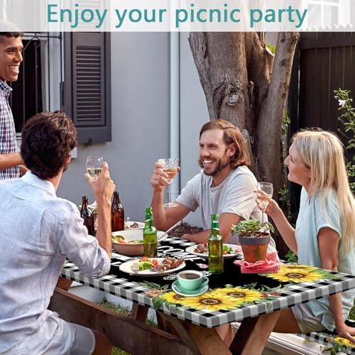 Sunflower Plaid Picnic Table Cover with Bench Covers and Bag, Camping Essentials, Checkered Floral Waterproof Windproof, Fitted Tablecloth Cover with Elastic Edge, Garden & Outdoor, 3 PCS, 30x60 Inch - Image 4