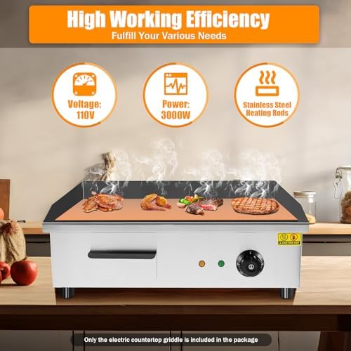 Commercial Electric Griddle, 22", 3000W Countertop Flat Top Griddle, Stainless Steel Teppanyaki Grill, 122-572℉ Adjustable Temp Control - Indoor Outdoor Cooking Plates for Pancake Barbecue - Image 3