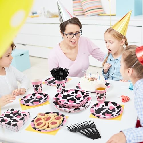 Kochorie 144 Pieces Pink Cow Print Party Tableware Sets Including Disposable Plates Napkins Cups Forks Serves 24 for Cow Theme Farm Animal Party Supplies - Image 6