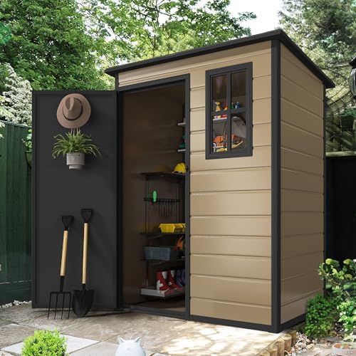 DWVO 5x3 FT Outdoor Storage Shed with Floor, All-Weather Resin Storage Shed with Lockable Door & Window, Waterproof Plastic Tool Storage for Garden, Backyard, Patio, Lawn, Brown - Image 4