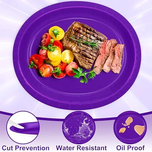 50 Count Purple Paper Plates Set Oval Heavy-duty Purple Party Decorations - Image 3