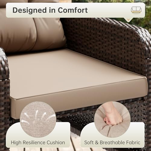 LHBcraft 5 Piece Patio Furniture Set, PE Wicker Outdoor Furniture Set with Soft Cushions & Coffee Table, Outdoor Lounge Chairs with Ottoman for Porch, Lawn, Balcony, Khaki-Beige - Image 4